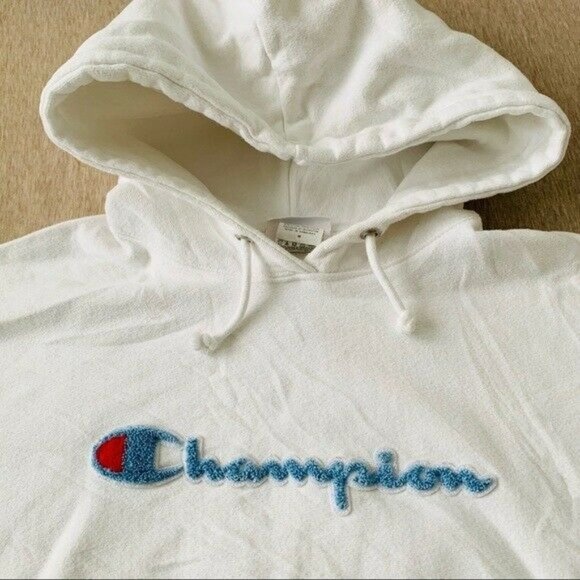 Champion reverse weave white hoodie women’s medium blue logo sweatshirt sport - Picture 7 of 8
